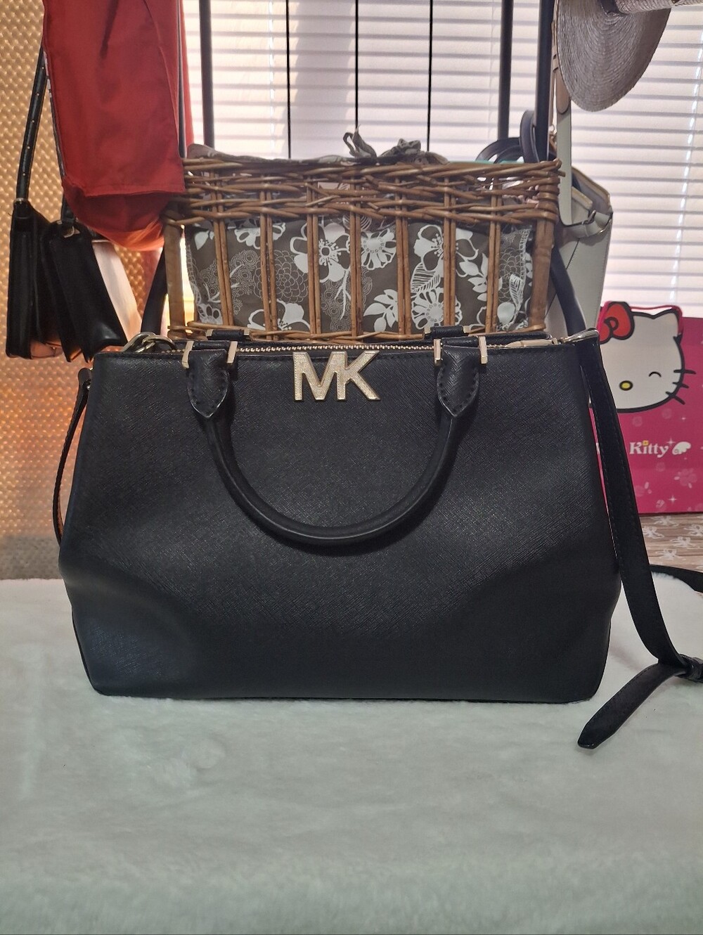 Michael Kors Black Saffiano Leather Satchel with Gold MK Logo
